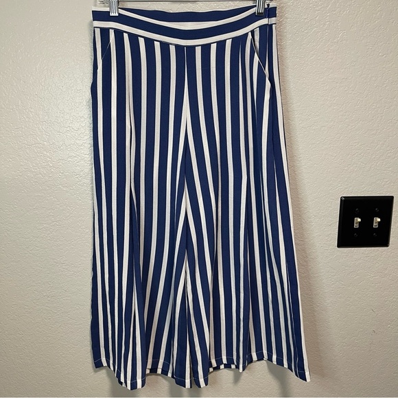 Mango Palazzo Wide Leg Ankle Striped Trouser Pants Size 4 in Blue/White - Picture 1 of 6